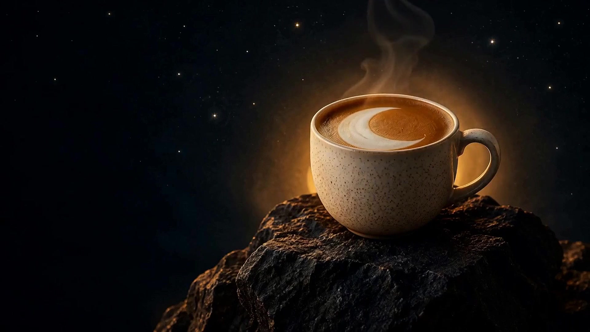 Taza de café con arte latte en forma de luna sobre una piedra